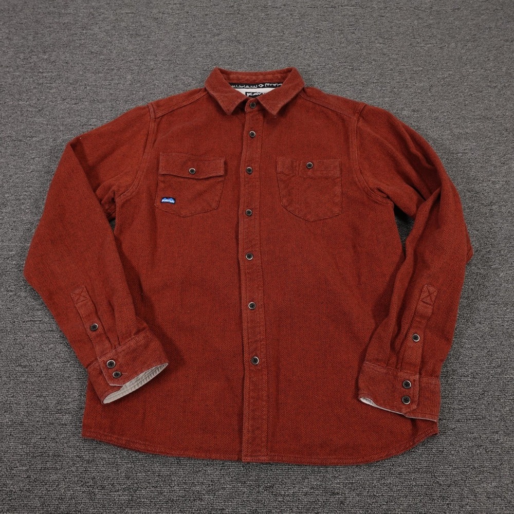 KAVU Shirt Mens Medium Orange Herringbone Cotton Twill Long Sleeve Snap Front